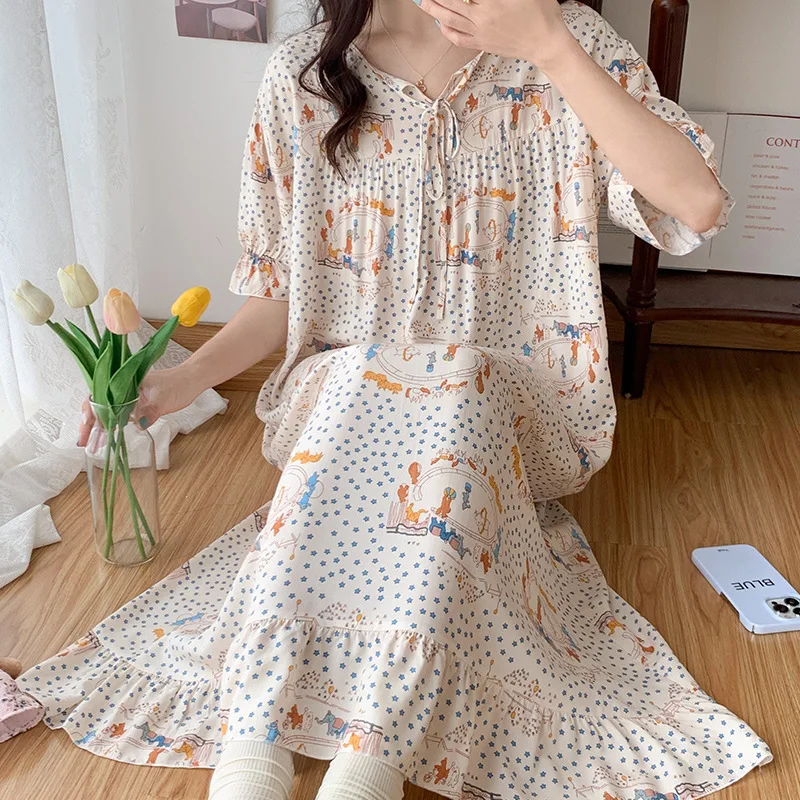 Womens Spring Summer Cotton Short Sleeve Nightgown Dropshipping Nighty Princess Girls Nightdress Ladies Floral Sleeping Dress