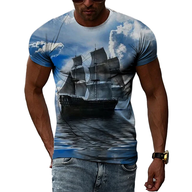 

Футболка мужская летняя с коротким рукавом, модная Свободная Повседневная Большая фитнес-футболка с 3D-принтом морской лодки, с круглым вырезом, дышащая и легкая