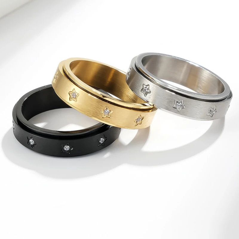 

European and American Style Star Diamond Men's Ring Stainless Steel Rotating Decompression Titanium Steel Hand Jewelry