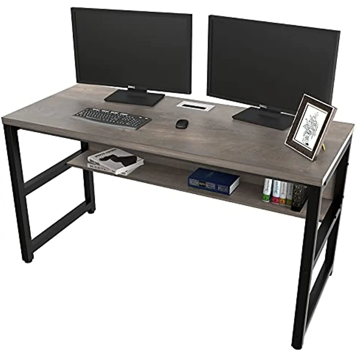 

Computer Desk with Bookshelf/Metal Hole Cable Cover 1.18" Thick Desk (55", Espresso Gray)