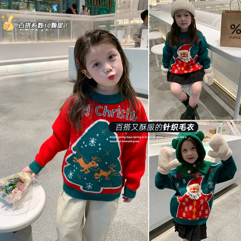 

MILA CHOU 2022 Winter Parent-child Attire Boy Girl Christmas O-Neck Sweater Children Casual Loose Knitted Jumper Top For Kids