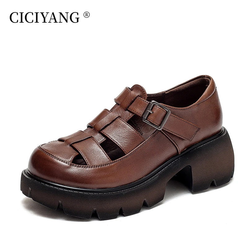 CICIYANG Sandals for Women Natural Genuine Leather 2023 New Summer Woven Retro Roman Sandals Ladies Casual Platform Hollow Shoes