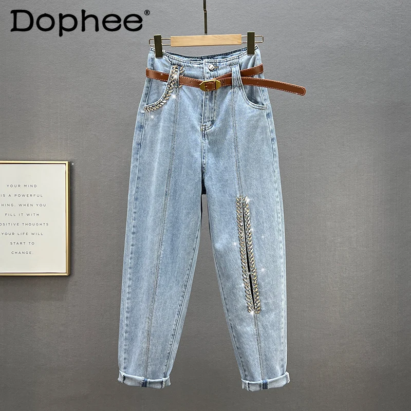 Hot Diamond Harem Jeans Women's 2022 New Summer Sexy Hollow Out High Waist Loose Slimming Denim Trousers Female Blue Baggy Pants