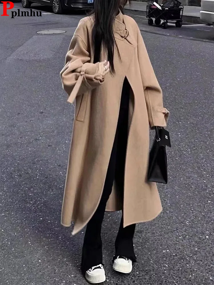 Осенне-зимние длинные шерстяные пальто Элегантные Свободные корейские новые