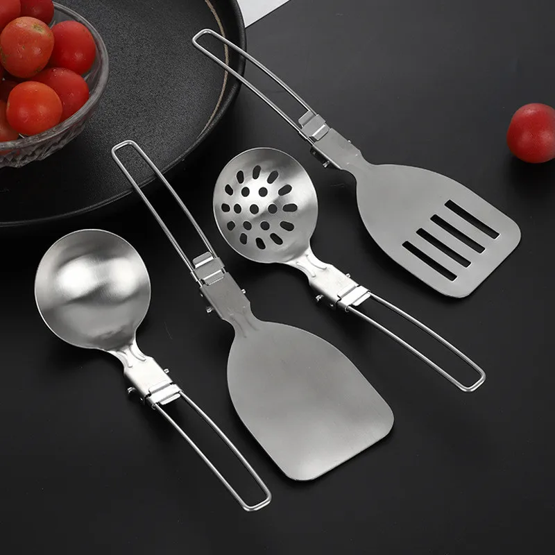 

Portable Outdoor Camping Folding Kitchenware Stainless Steel Picnic BBQ Soup Spoon Colander Frying Spatula Kitchen Utensil