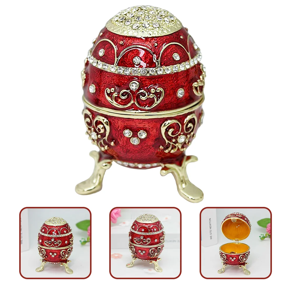 

Box Jewelry Trinket Decor Egg Vintage Case Rhinestone Desk Alloy Ring Vanity Accessories Enameled Dresser Jewel Figurine
