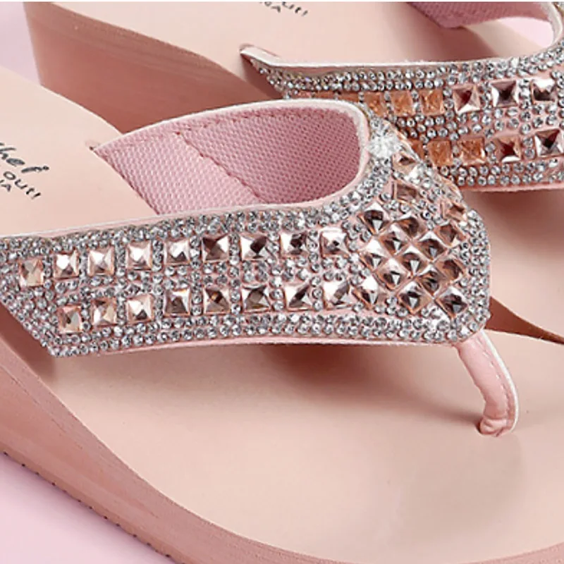 Women's Wedges Slippers Fashion Rhinestone Flip Flops Summer Outdoor Beach Shoes Female Soft Casual Comfortable Platform Sandals