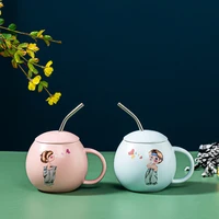 new cartoon couple cups household fat belly cups with lids students drinking cups with straws creative ceramic coffee milk mugs