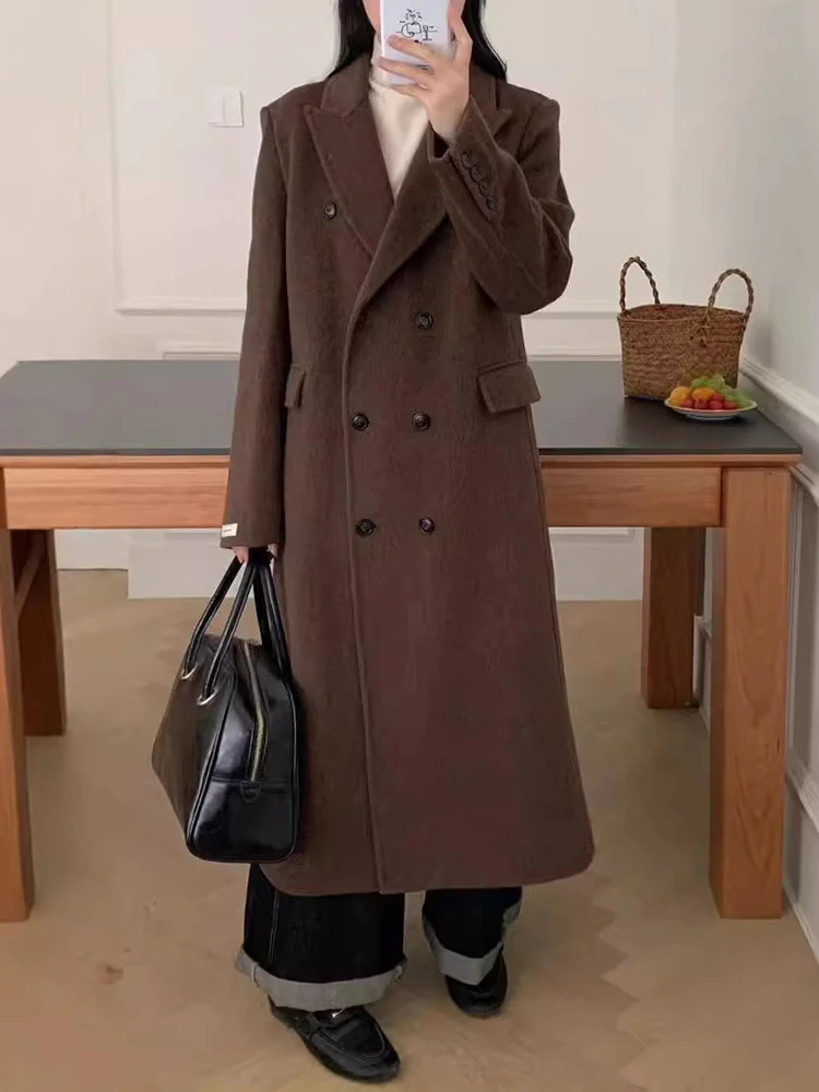 LGRQ офисные женские теплые шерстяные пальто для женщин двубортная модная длинная