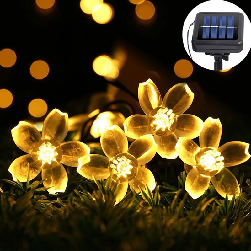 

D2 LED Solar Fairy String Light Lamp Sakura Garlands 5/7/12 Peach Flower Cherry For Wedding Party Garden Christmas Outdoor Decor