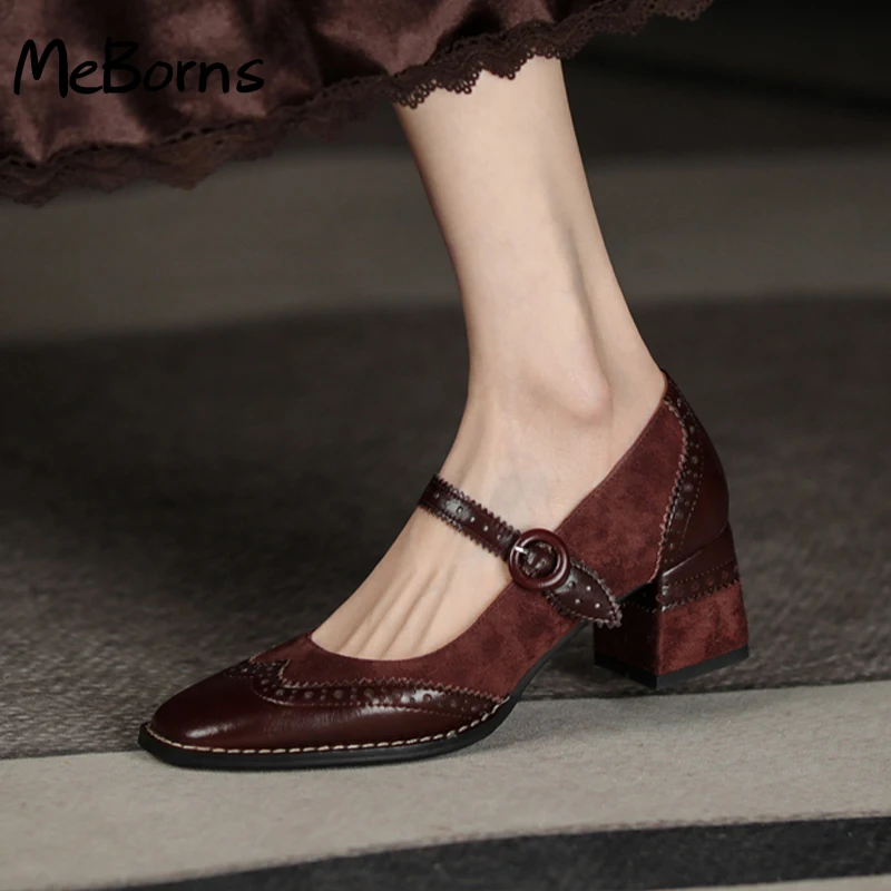 

Genuine Leather Mary Jane Women's Shoes Fashion Retro Buckle Shallow Pumps Square Toe Thick Heel Handmade Shoes Woman Size 34-40