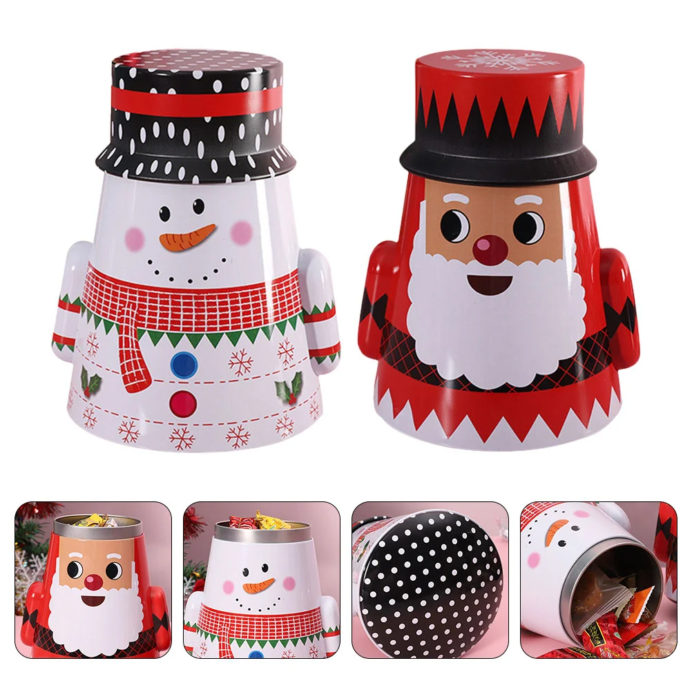 

2pcs Christmas Tinplate Empty Tin Santa Claus Snowman Shape Christmas Candy Cookie Gift Storage Container Box