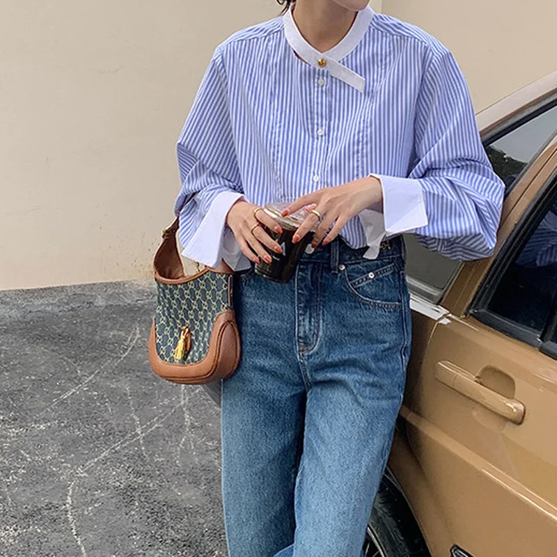 O-neck Gold Button Korean Loose 2022 New Autumn Fashion Long Sleeves Clothes Womens Tops and Blouse Striped Blue Shirt Female