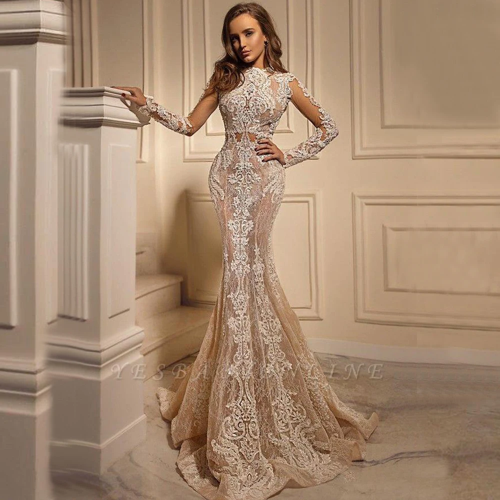 Luxury 2022 Mermaid Wedding Dress Sexy Sheer Lace Applique High Neck Illusion Long Sleeve Champagne Trumpet Bridal Gowns