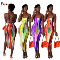 prowow sexy women maxi dress colorful striped print slim fit backless bodycon outfits 2022 new summer female sleeveless clothes