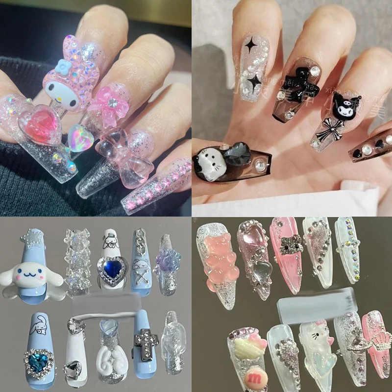 

Sanrioed Kts Cat Fake Nails Kuromi Kawaii Y2K Nail Sticker Tips Cinnamorol Cartoon Anime Wear Stickers Melody Cute Manicure Gift