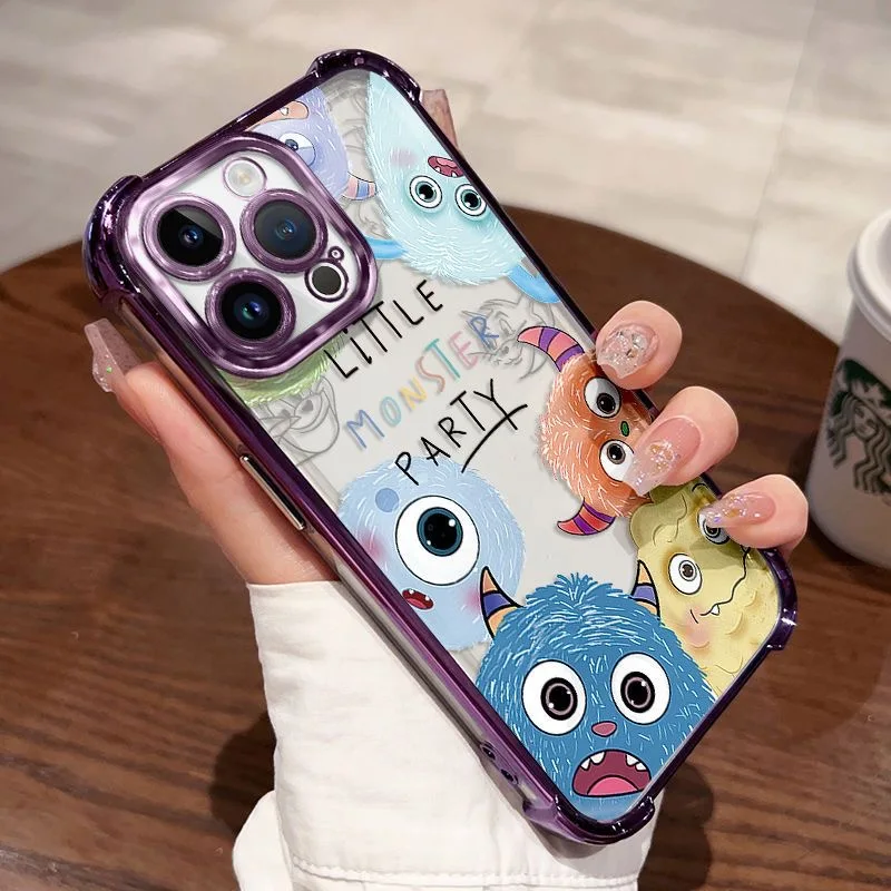 Cute Cartoon Monsters Plating Case For iPhone 16 15 14 13 12 11 Pro Max X XR XSMax 7 8 Plus Shockproof Anti-Fall Armor Cover