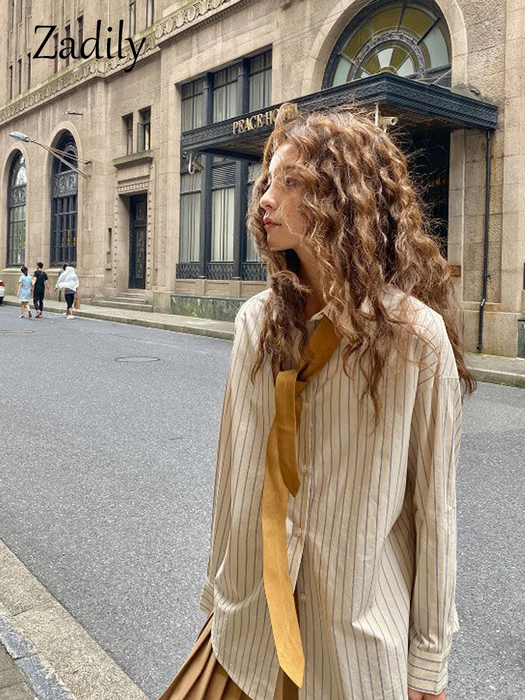 

Zadily 2022 Autumn Oversize Long Sleeve Stripe Shirt Women Minimalist Style Button Up Tie Ladies Blouse Female Clothing Tops
