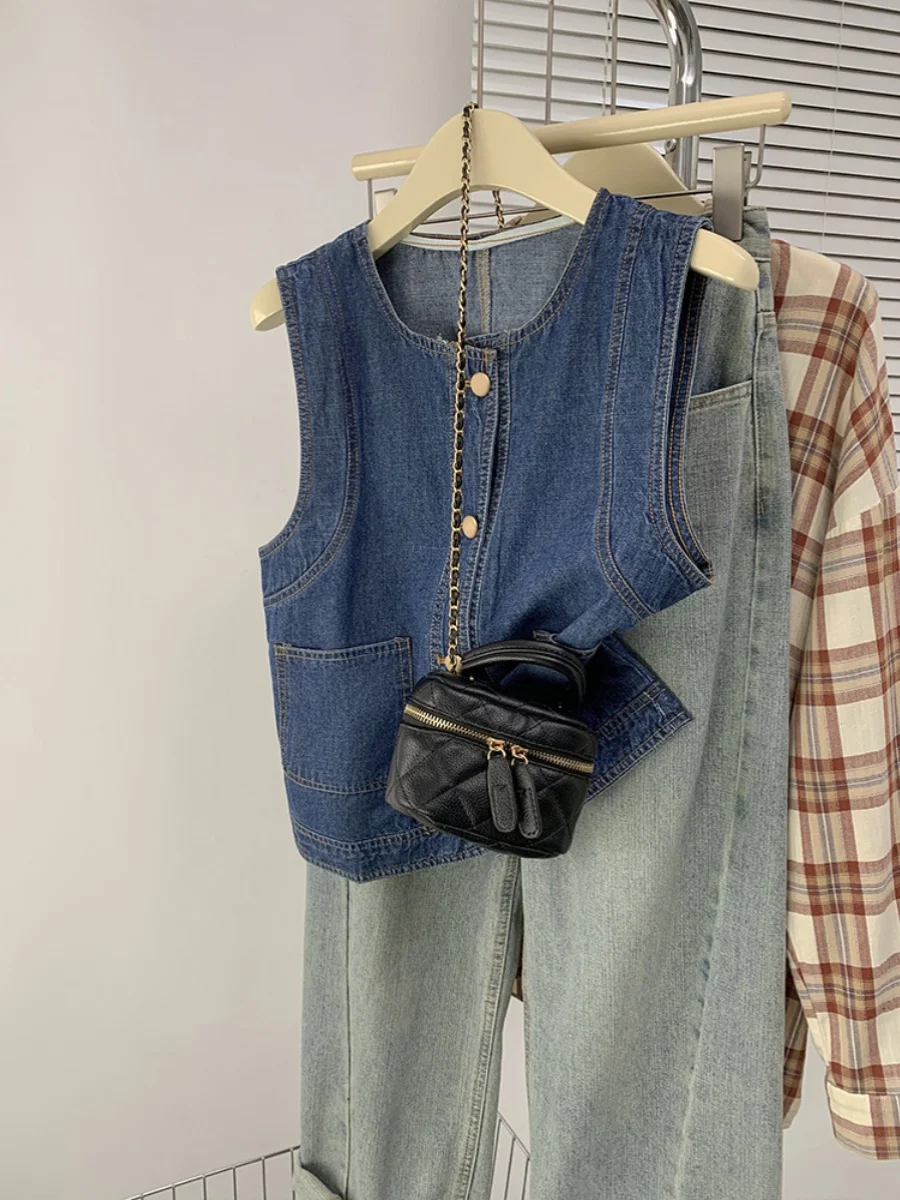 Универсальный модный многослойный жилет в стиле ретро синий женский дизайн