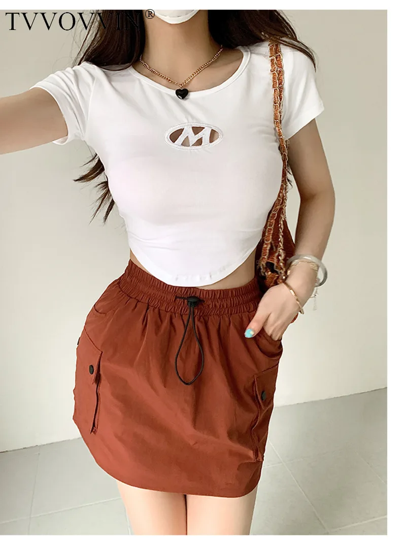 

TVVOVVIN 2023 Summer New Women's Spicy Girl INS Curved hem Solid color Round Neck hollow out Short Sleeve T-shirt Top BU1I