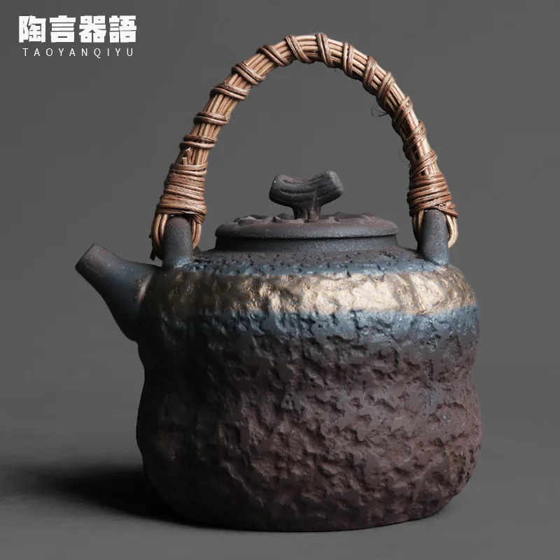 

Rock pottery bronzing ring handle boiling water teapot retro pottery hand-woven bamboo rattan charcoal burning open fire coffee