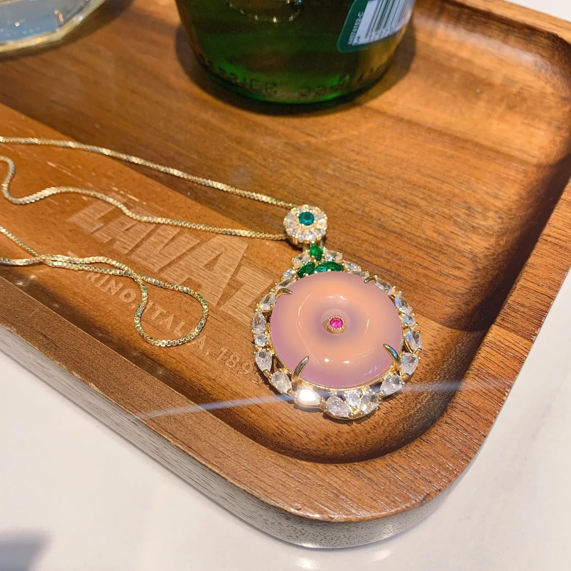 SrJewelry инкрустированный розовым халцедоном золотой кулон ожерелье с круглой