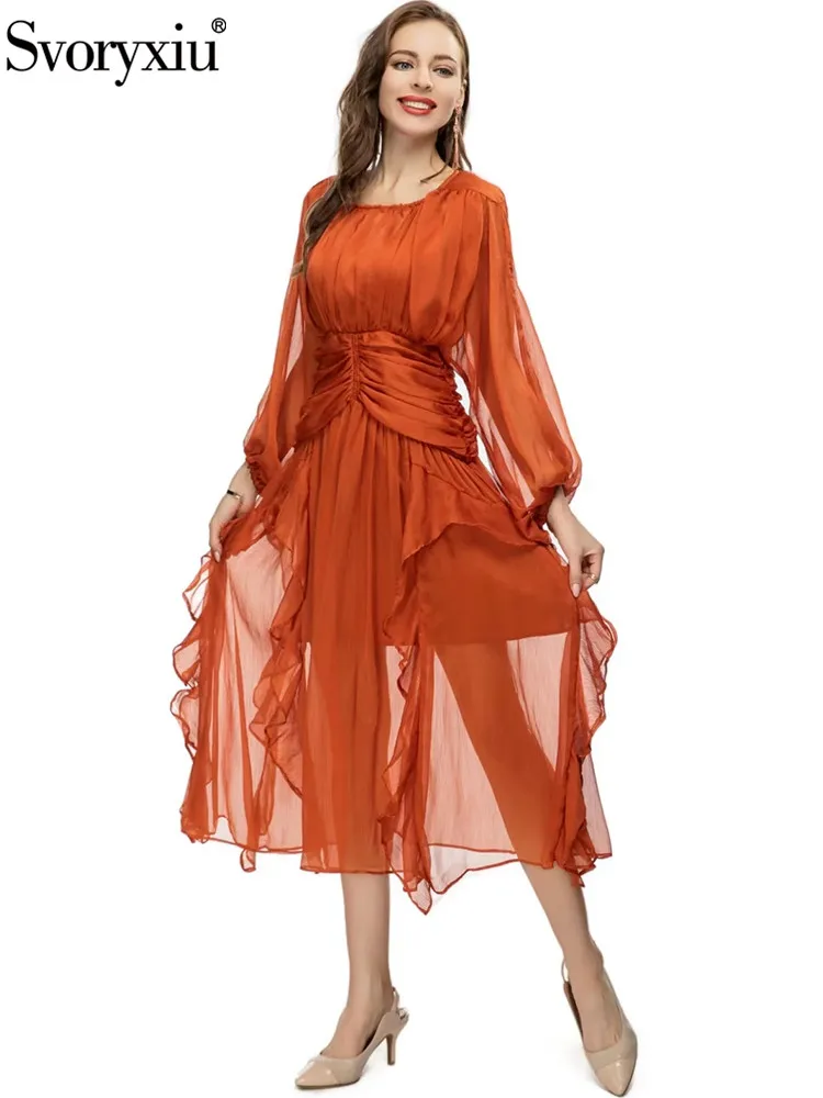 

Svoryxiu Summer High Quality Fashion Orange-Red Vintage Midi Dress Women's O-Neck Trim Shirred Lantern Sleeve Flounces Dresses