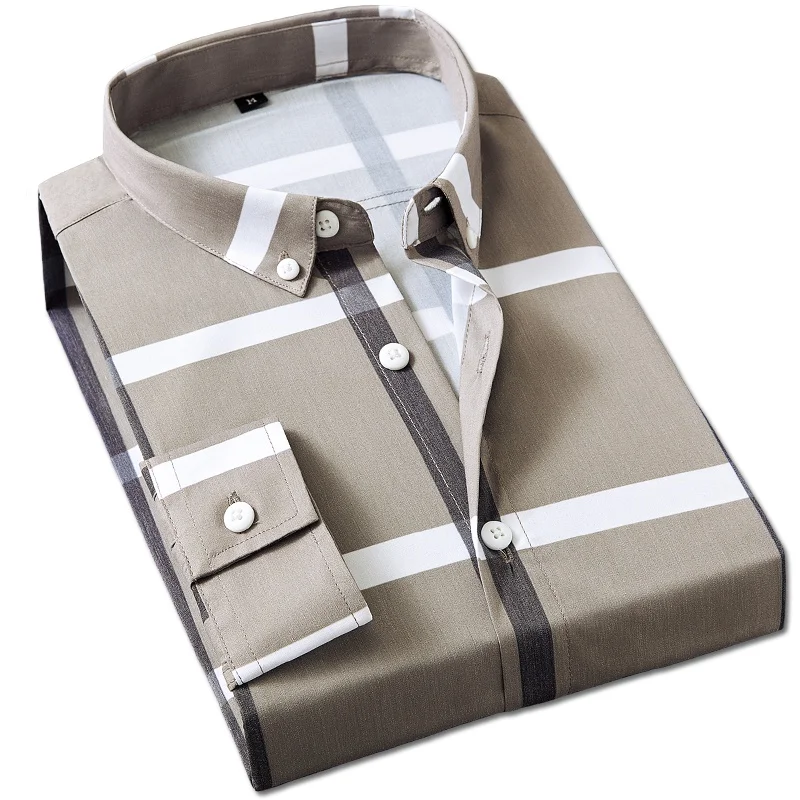 Mens Plaid Shirts Long Sleeve Slim Fit Business Casual Fashion Button Down Shirts Male Clothing