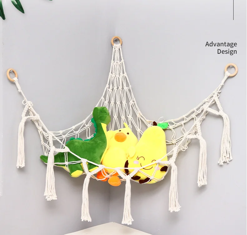 

Triangle Toy Hammock Net Pocket Hand-woven Cotton Rope Tassel Hanging Basket Bohemian Plush Toy Net Holder Storage Pocket