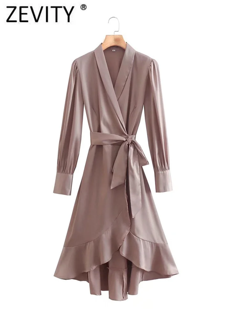 

Zevity Women Fashion Notched Collar Solid Hem Ruffles Slim Midi Dress Female Chic Long Sleeve Bow Tied Business Vestidos DS1760