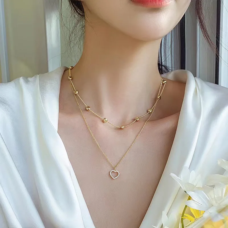 

Elegant Gold Color Double Layer Chain Necklace with Heart Pendant Crystal Charm Necklace For Women Party Wedding Jewelry Gift