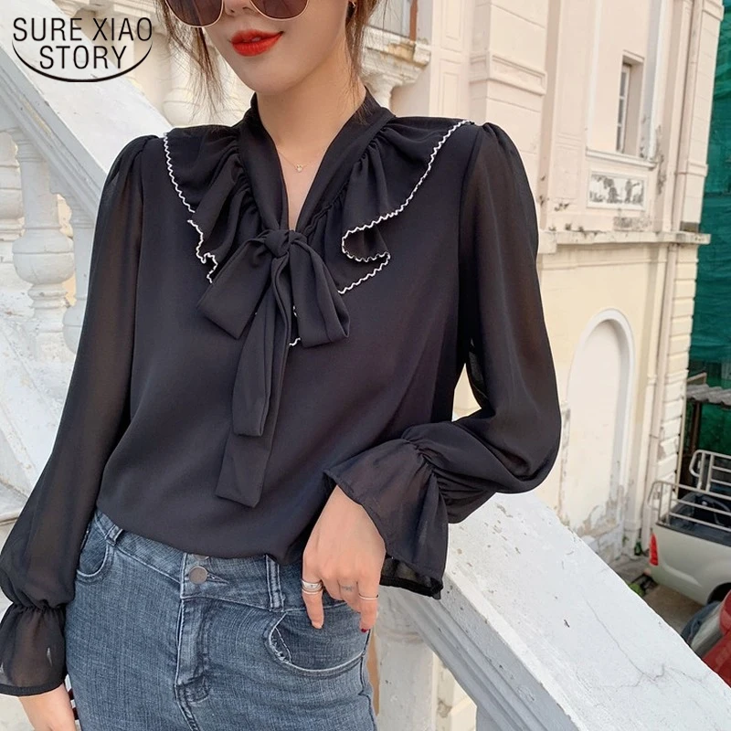 

2021 Korean Autumn New Bow V-neck Puff Long Sleeve Chiffon Blouse Solid Woman's Blouses Loose Shirts Female Ropa De Mujer 10604
