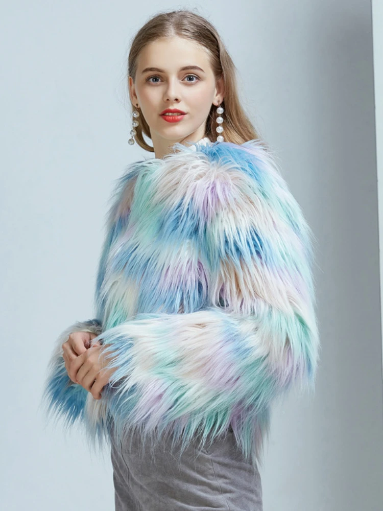 Fashion Blue Ice Cream Macaron Color Faux Fur Coats Women 2022 Winter Warm Plush Cardigan Ladies Office Outwear Fluffy Jackets