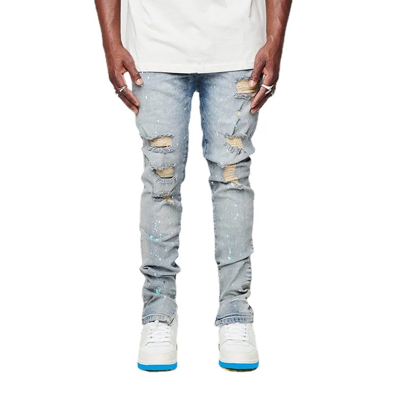 New Men's Jeans Slim Cut Hole Leggings Pencil Pants New Men's Painted Jeans Full Length Denim Pants Streetwear Men Trousers