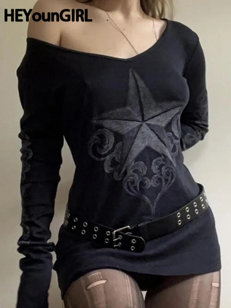 

HEYounGIRL Gothic Star Print Black Tops Grunge Retro Long Sleeve Tee Shirt Aesthetic High Street Women Pullovers Y2K Shirts Punk