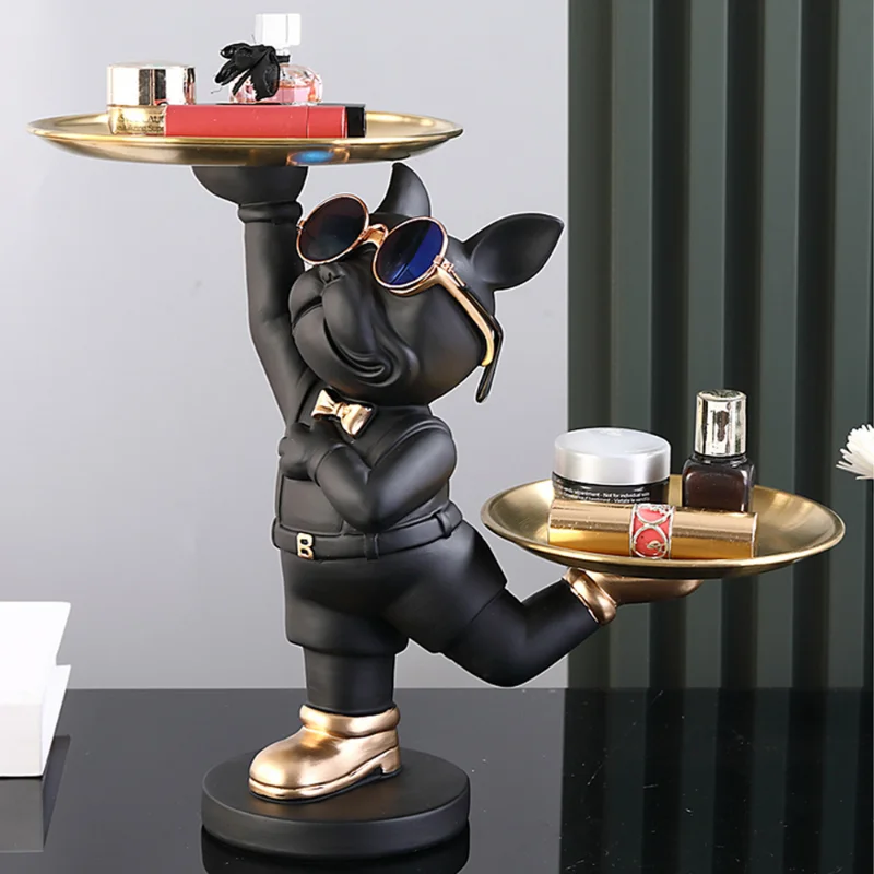

Resin Dog Statue French Bulldog Figurine Sculptures Modern Desk Decor Storage with 2 Trays Office Home Living Room Decoration