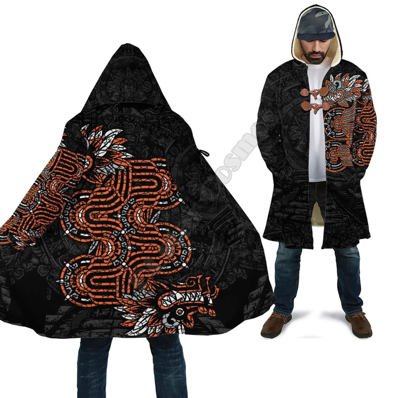 Mexico Quetzalcoatl Mexican God Aztec Cloak 3D Printed Winter Hooded Cloaks Fleece Wind Breaker Unisex Warm Overcoat