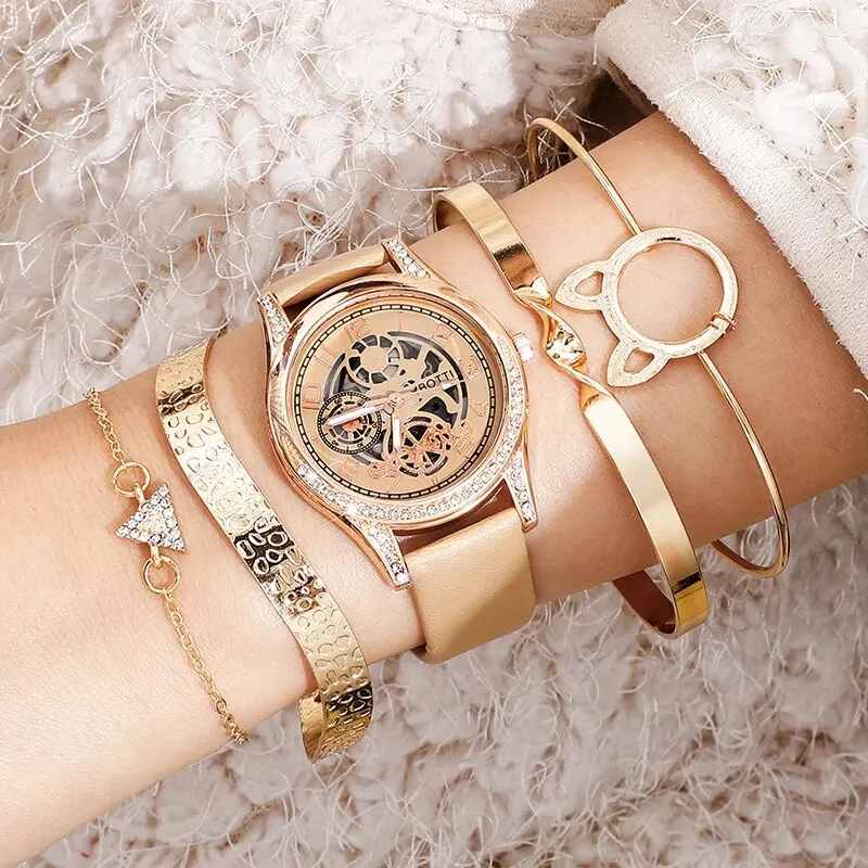 Модные кварцевые наручные часы для женщин с кожаным ремешком и пряжкой корпус из