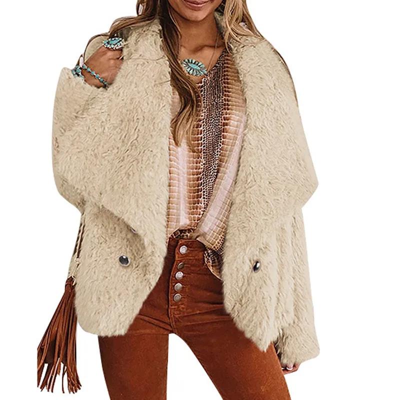 Women Button Casual Warm Outerwear Tweed Coat Mujer Solid Color Teddy Jacket Thick Faux Fur Lapel Collar Plush Overcoat Jackets