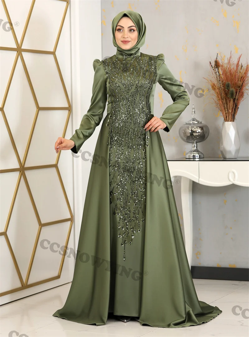 

Satin Appliques Beaded Muslim Evening Dresses Long Sleeve Islamic Formal Party Gowns High Neck Women Arabic Robes De Soirée
