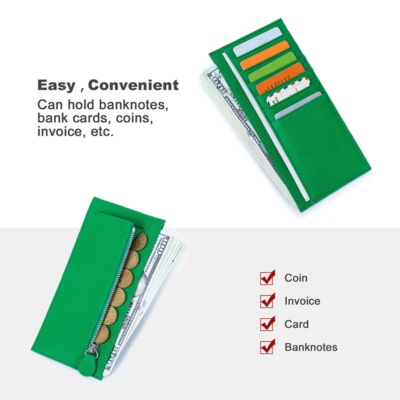 Contact'S Slim Female Card Wallet Cowhide Leather Women Credit Card Holder Zipper Coin Purse Money Clip Multi Color