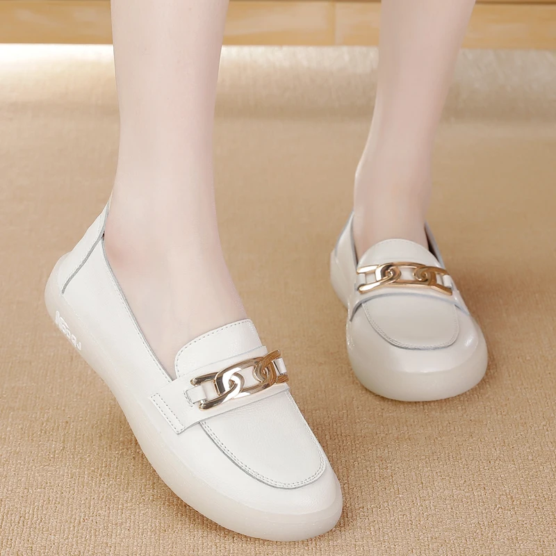 Fashion School Casual Women's Flat Shoes High Quality Genuine Leather Comfortable Women's Sneakers Walking Slip on Women's Shoes