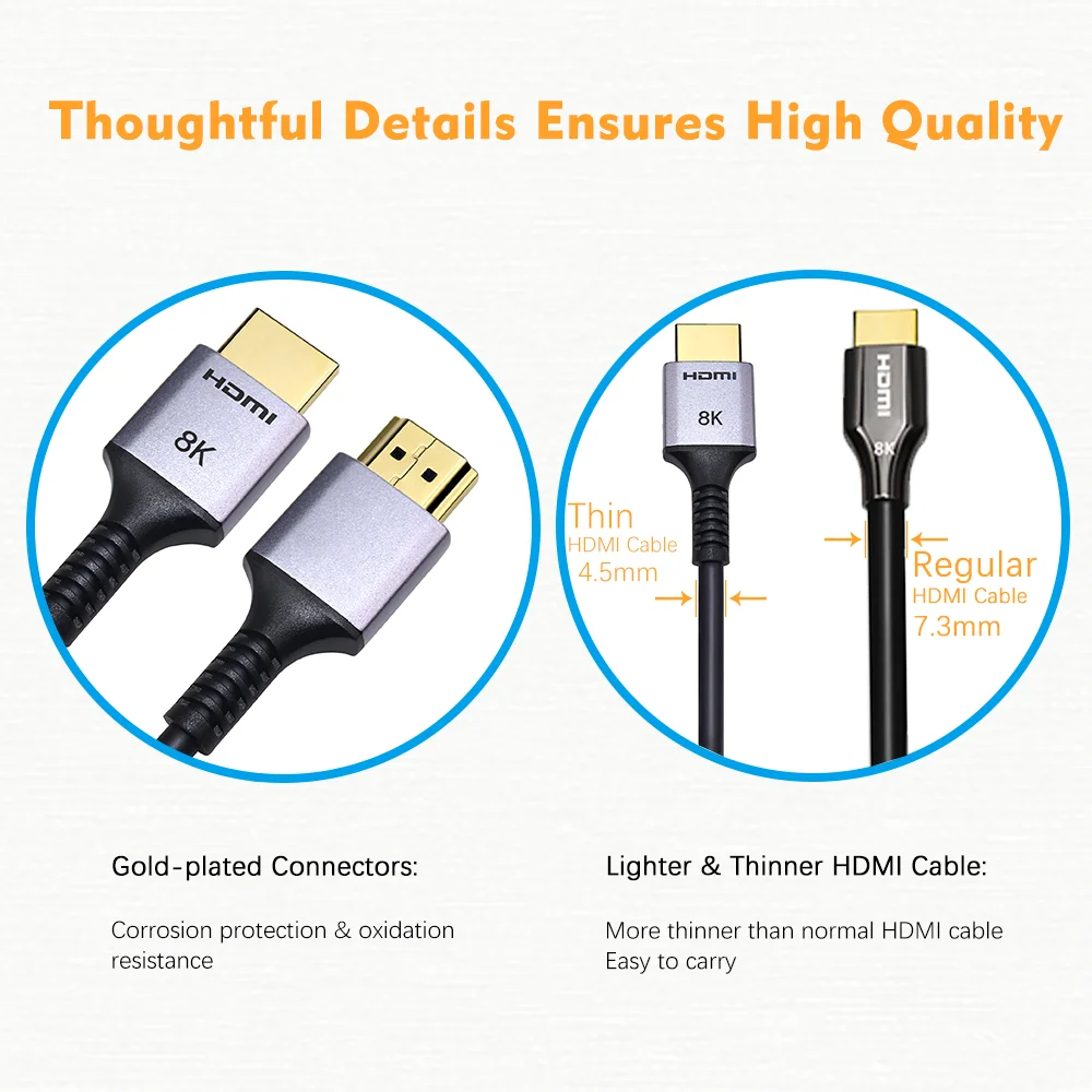 Ultra Thin HDMI 2.1 Cable 1/1.5/2m 8K@60Hz Super Flexible Slim to Cord High Speed HDR for HD TV Laptop Projector PS4/5 |