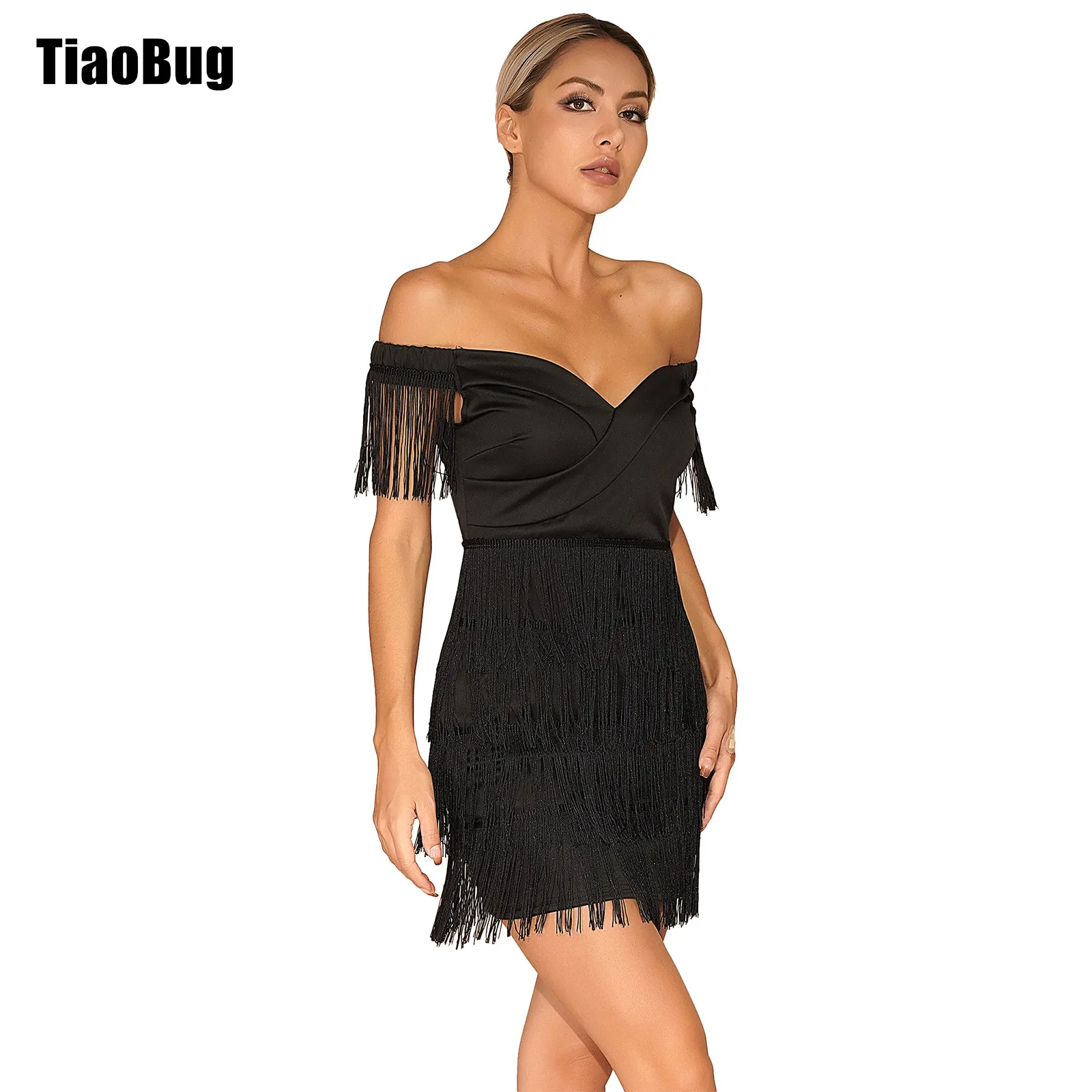 

Womens Fashion Off Shoulder Fringed Dance Dress Elegant Solid Color Invisible Zipper Back Tiered Tassel Party Dresses