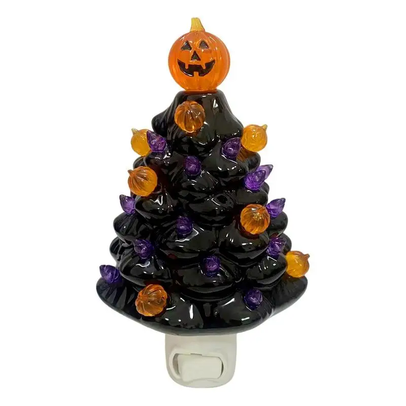

Halloween Tree Night Light Realistic Black Christmas Tree Shape Night Light With Jack O Lantern Pumpkin Top Halloween Decoration