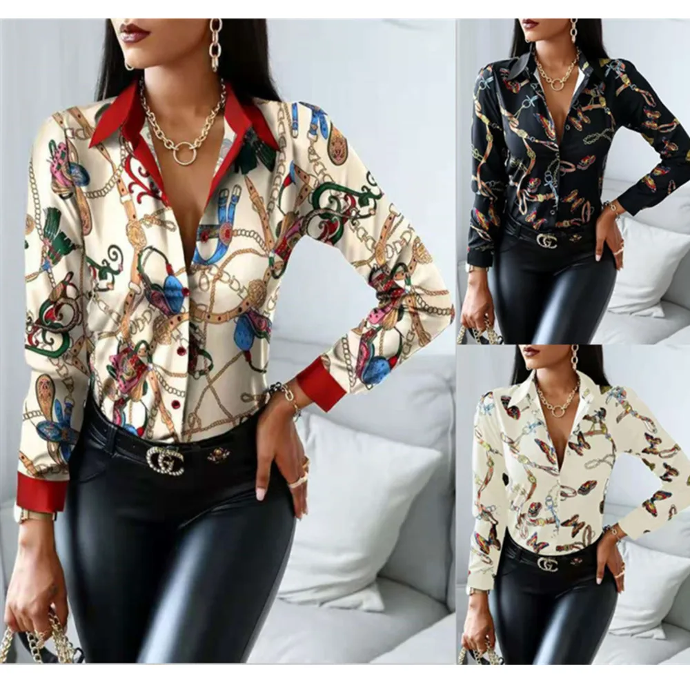 2022 spring and autumn printed contrast color long sleeve temperament slim women's shirt