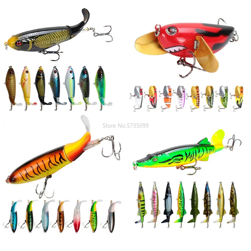 

8PCS Whopper Popper Topwater Fishing Lure Artificial Bait Hard Plopper Soft Rotating Tail Fishing Tackle Geer Pesca