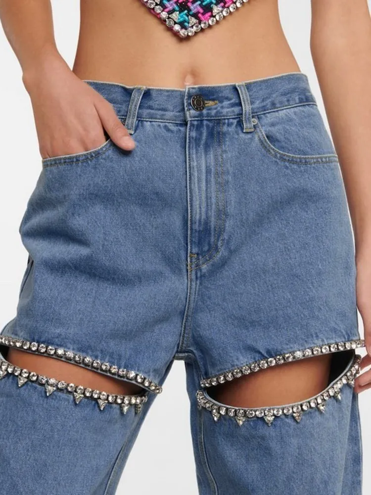 Джинсы XIZIHUPAN Женские повседневные лоскутные брюки из денима с бриллиантами
