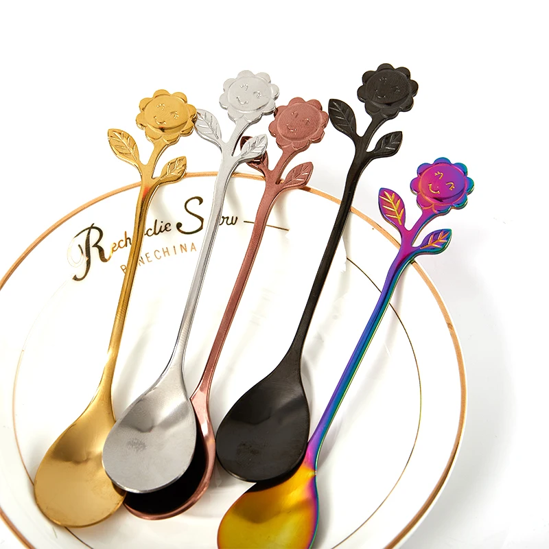 

Stainless Steel Spoon Smiley Sunflower Handle Coffee Dessert Ice Cream Tea Spoon