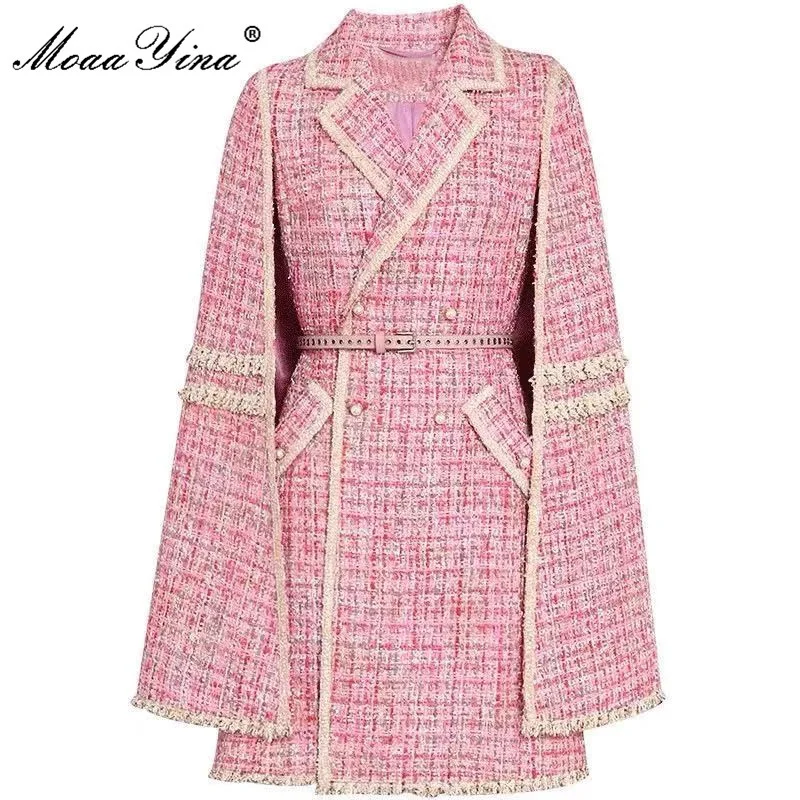 

MoaaYina Fashion Designer Autumn Winter Pink Tweed Outerwear Women's Turn-down Collar Sashes cloak Overcoat coat